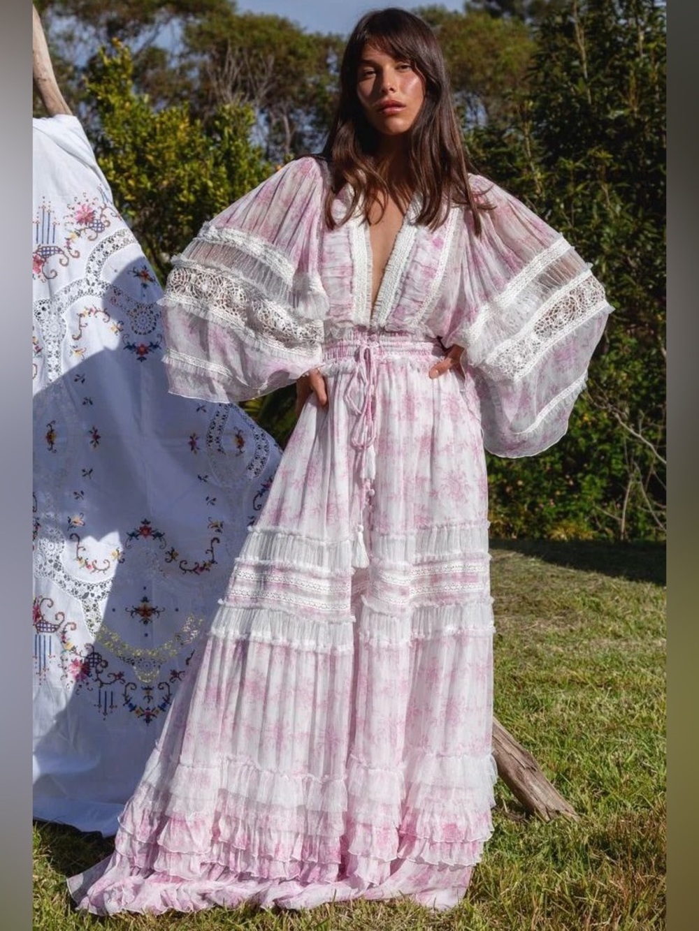 NWT Fillyboo Charm Your Way Pink Floral White Lace Maxi Dress M
